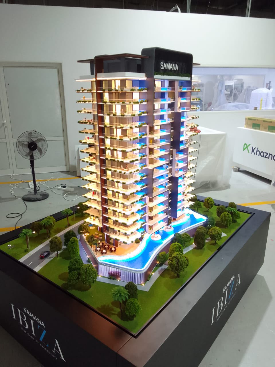 Samana Ibiza illuminated residential tower scale model Dubai
